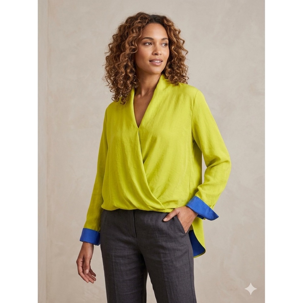 Mason by‎ Michelle Mason Silk Wrap Blouse Chartreuse Green Cobalt Blue Size 0